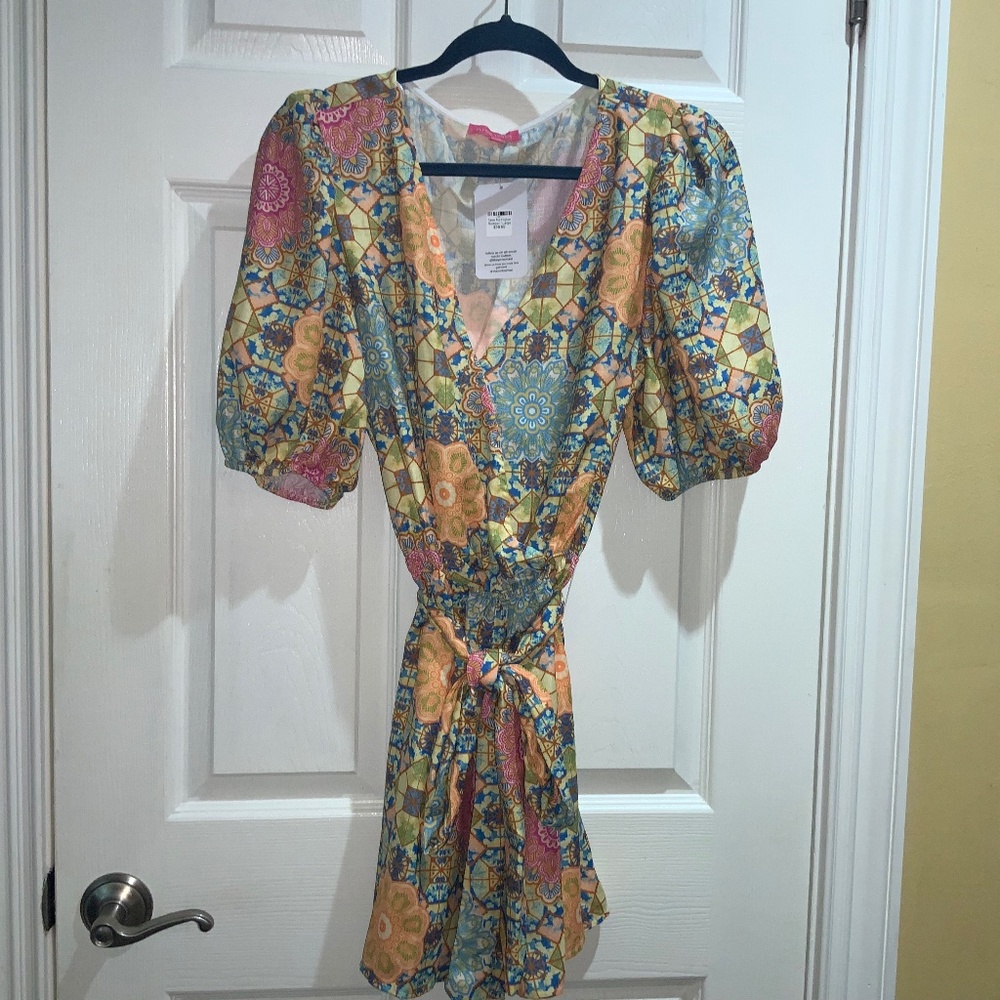 Flying Tomato balloon sleeve faux wrap romper Sz L elastic waist tie belt